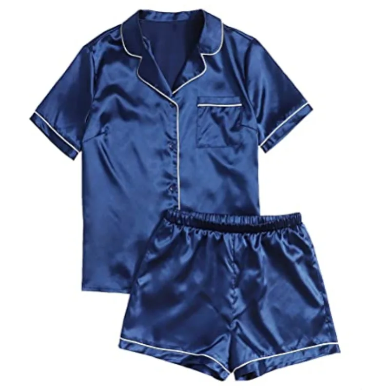 
KG5018 2021 Summer New Satin 2 Pieces Shorts Sleeve Silk Sleepwear Soft Pj Two Piece Women Pajamas Sets 