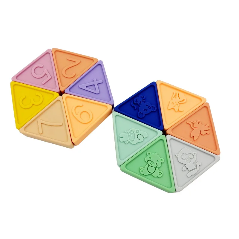 Animal digital shape silicone soft triangle animal pattern block without bisphenol A educational baby stacking toy