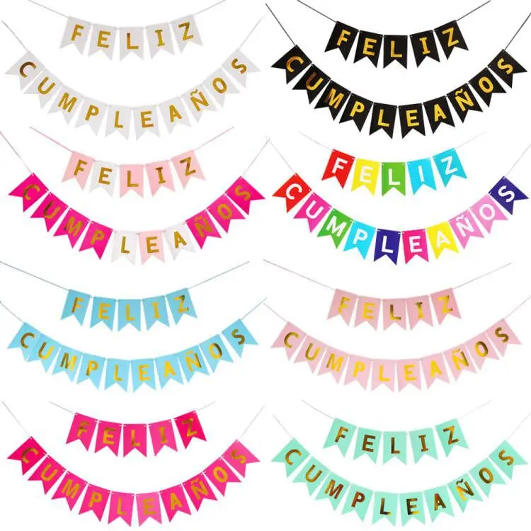 Spanish Happy Birthday Paper Banner Colorful Feliz Cumpleanos Bunting Banner Garland Flags Birthday Party Decoration