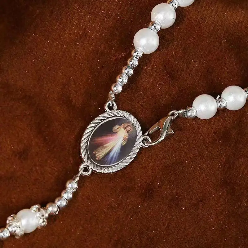 Steel Wire Braid Pearl Central Rosary Sacred Heart Virgin Mary Heart Icons Center Ceremony Jewelry Baptism Rosary