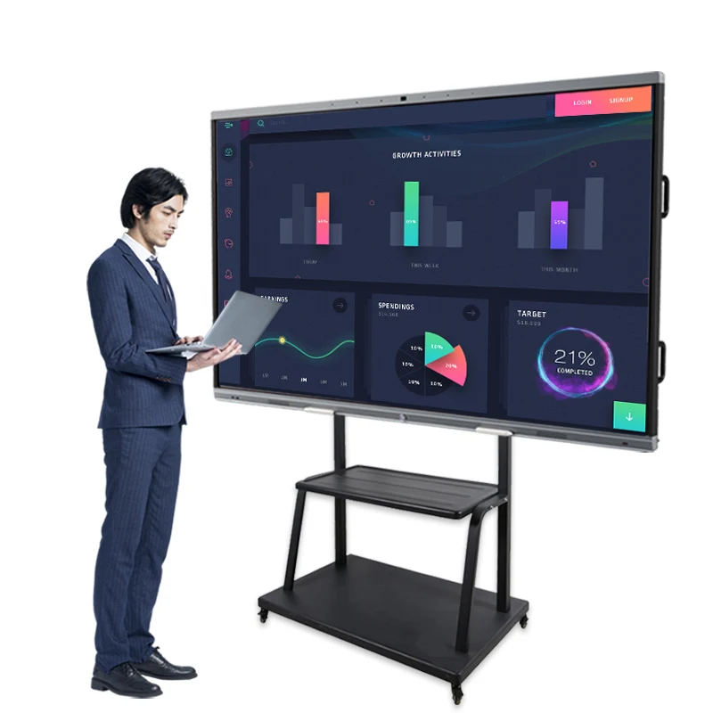 Built- in Camera Mic Smart Board 98 Inch Interactive Touch Screen Vertical Floor Standing Whiteboard 4K