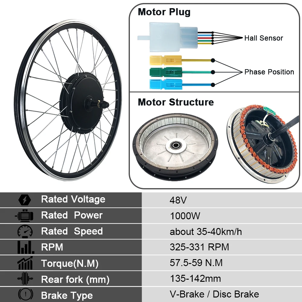 48V 1000W Rear Wheel Waterproof Ebike Conversion Kit for Electric Road Bike 26inch