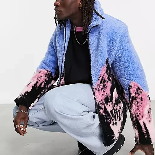 OEM custom high quality warm zip fly pocket jacket for man oversized colorful scenic digital print jacket sherpa