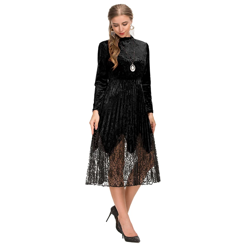 Latest design pleated lace hem women long sleeve high waist crew neckline soft velvet fabric midi dress