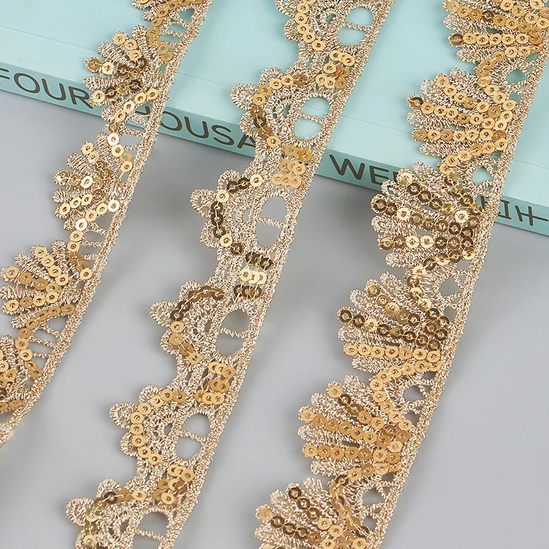 Golden yellow sequins corded lace applique Ribbon embroidered lace trim bar code for ethnic costume performance wear
