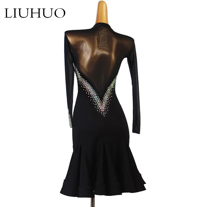 LUHUO Superior Fashion Sleeveless Latin Dance Skating Dress Rumba Skirt One Piece Stage Costume Black