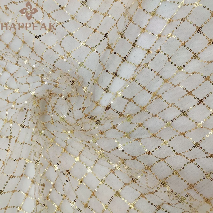 HAPPEAK wholesale gold sequin lace transparent fabric spangle tulle mesh fabric for dress