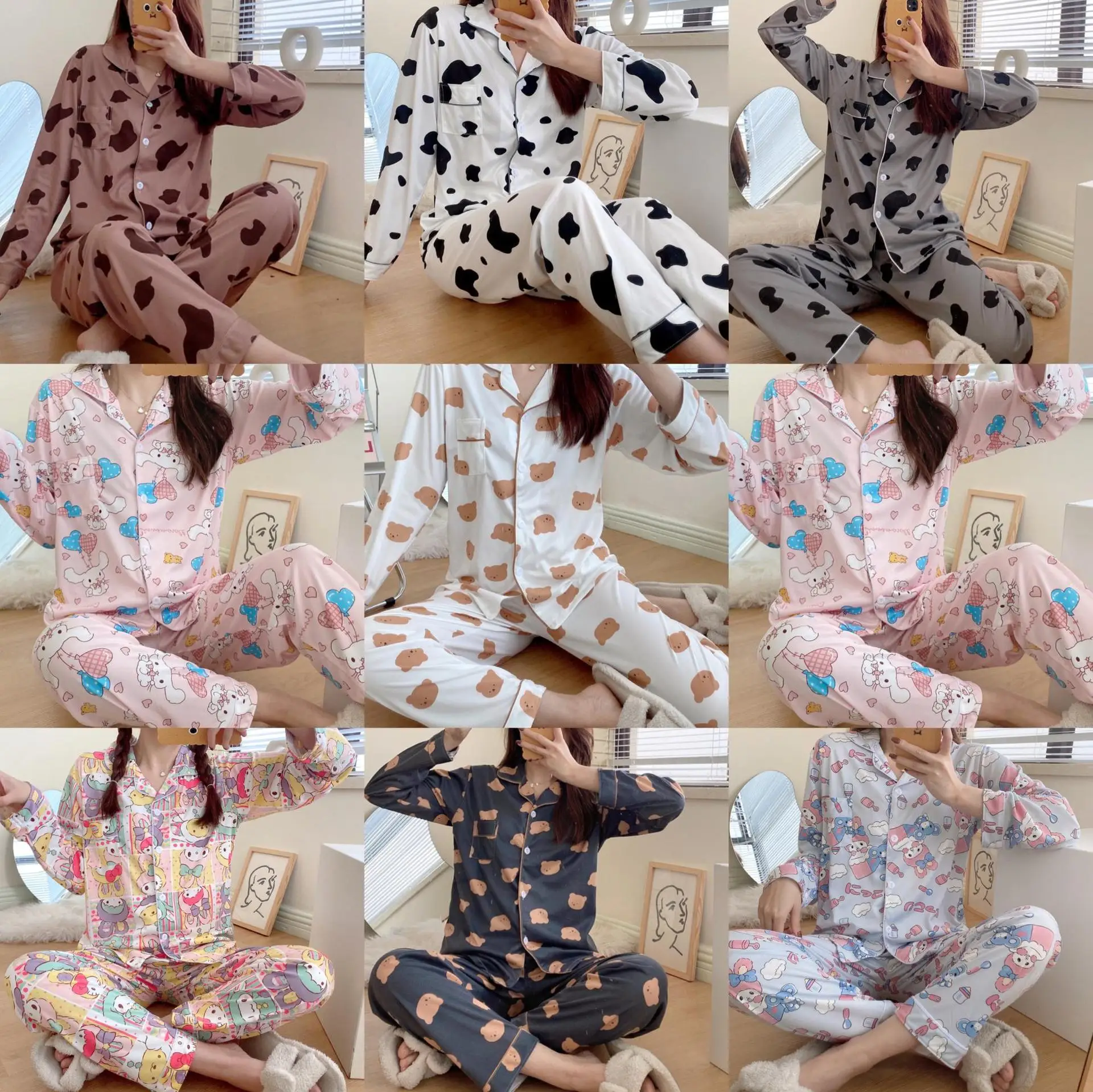 korean sleepwear pajama womens best selling monsoon Long-sleeved cardigan home service cartoon suit Cotton sleep wear piyama set