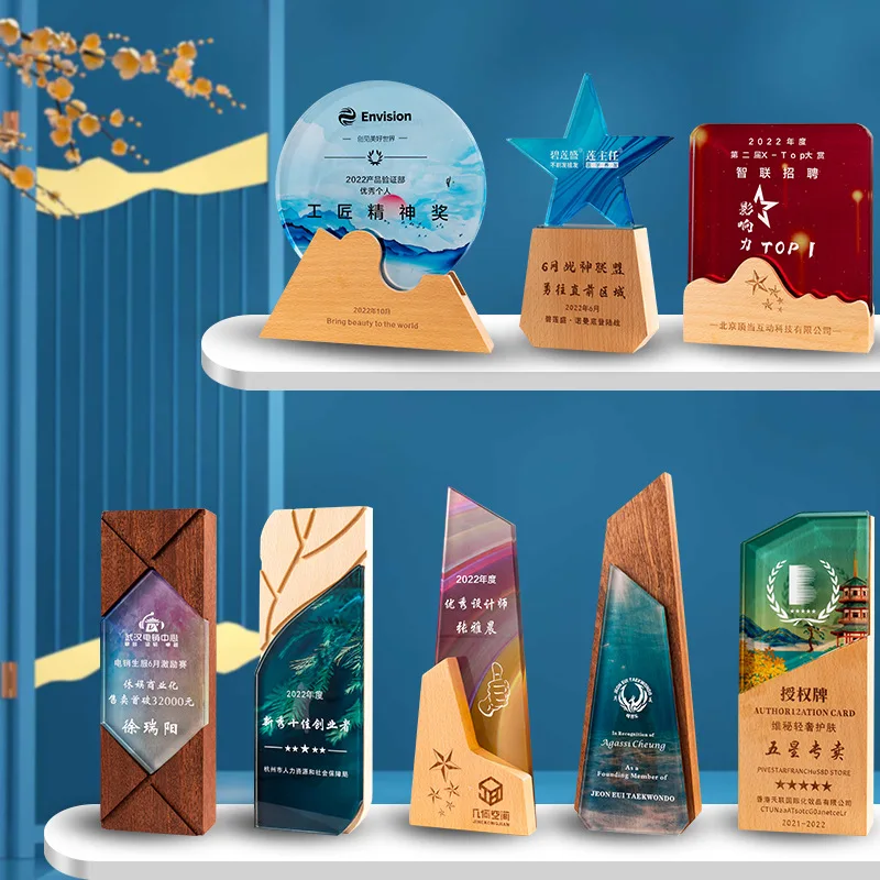 High grade crystal series trophy Customized creative lettering enterprise competition Blue Home decoration glass crystal trophy