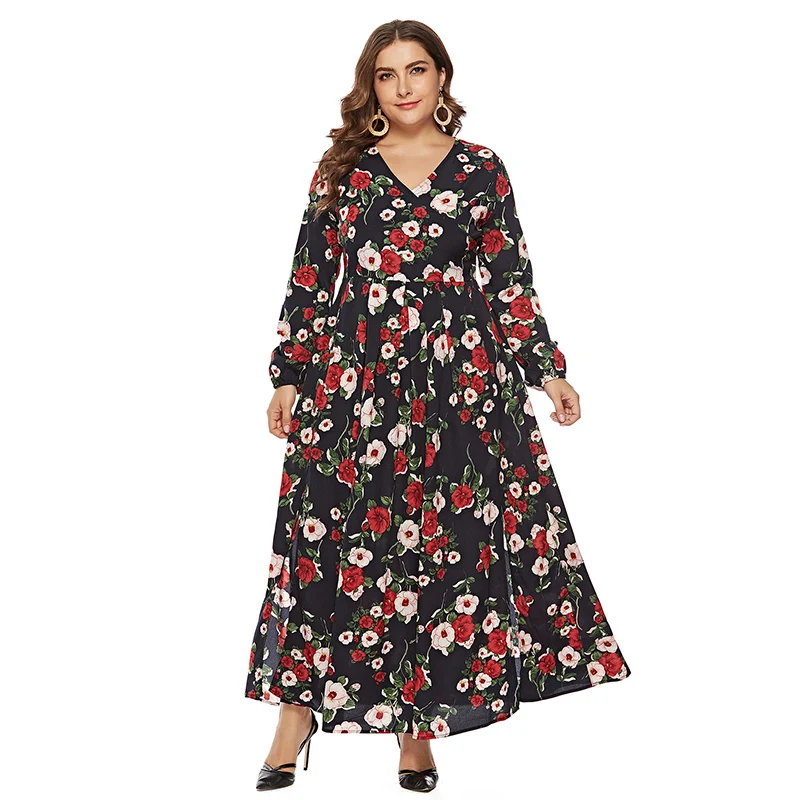 newest design autumn long sleeve printed chiffon plus size women dress