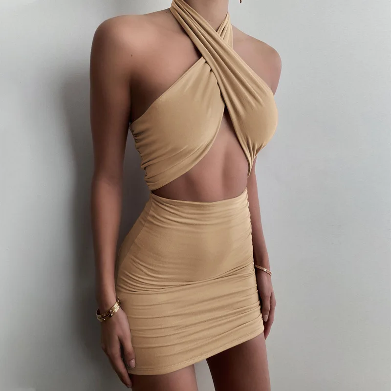 
Summer 2021 Sexy Solid Color Drawstring Pleated Cross Halter Neck Bodycon Mini Dress For Women 
