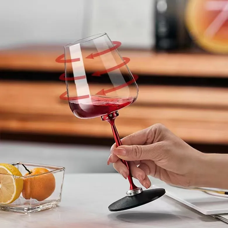 Burgundy Crystal Wine Glass With Red Rod And Black Background Luxury Goblet Crystal Red Wine Glass Rotatable Removable