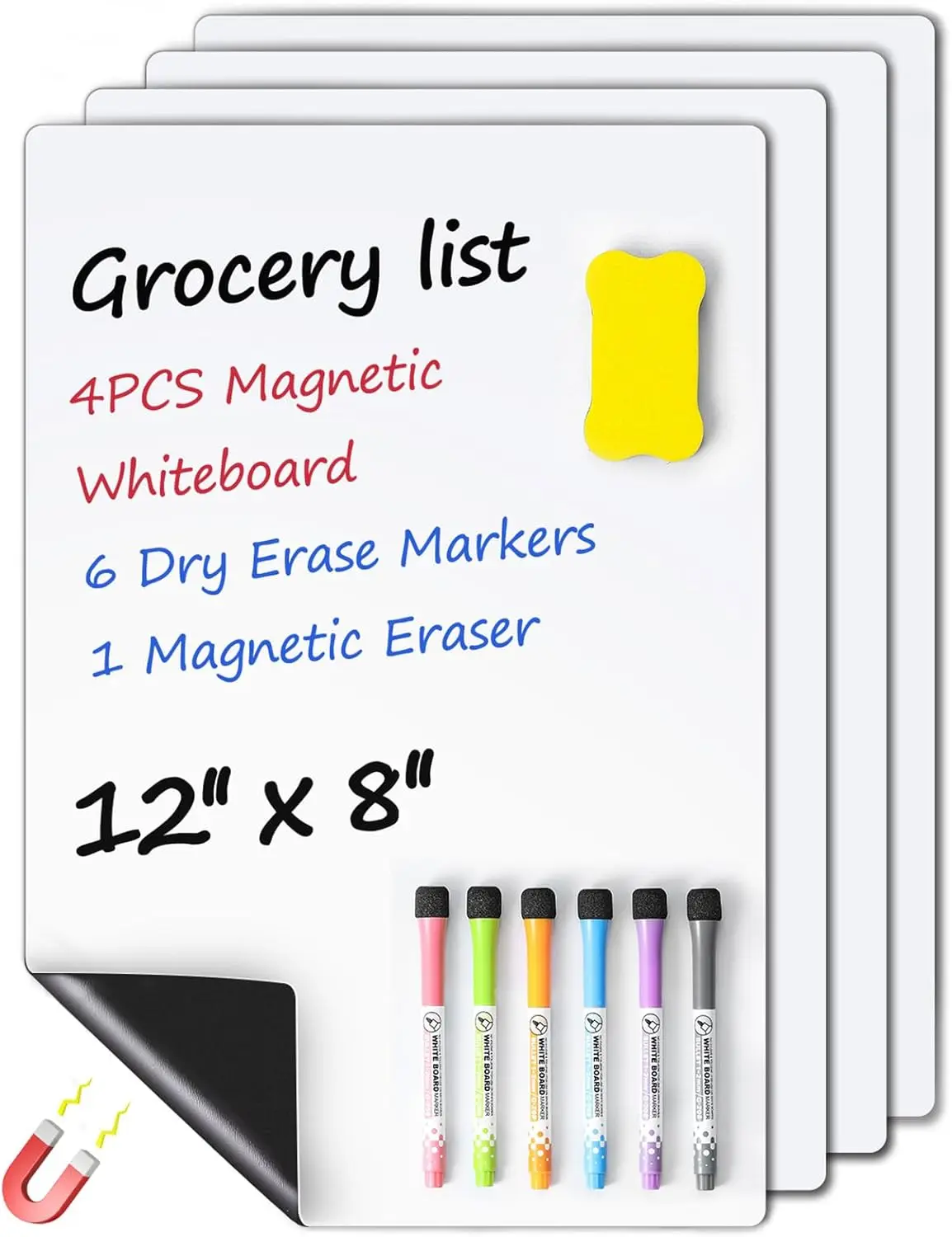 4PCS Magnetic Whiteboard for Fridge with Stain Resistant Technology, Magnetic Dry Erase Whiteboard,with 6 Markers and 1 Eraser