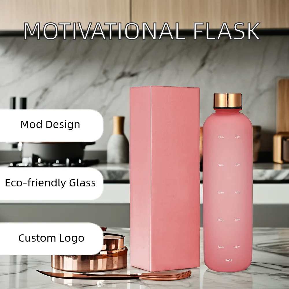 1 Litre Plastic Frosted Water Bottle with Gold Lid Motivational Timestamps for Camping Tours Adults Drinking