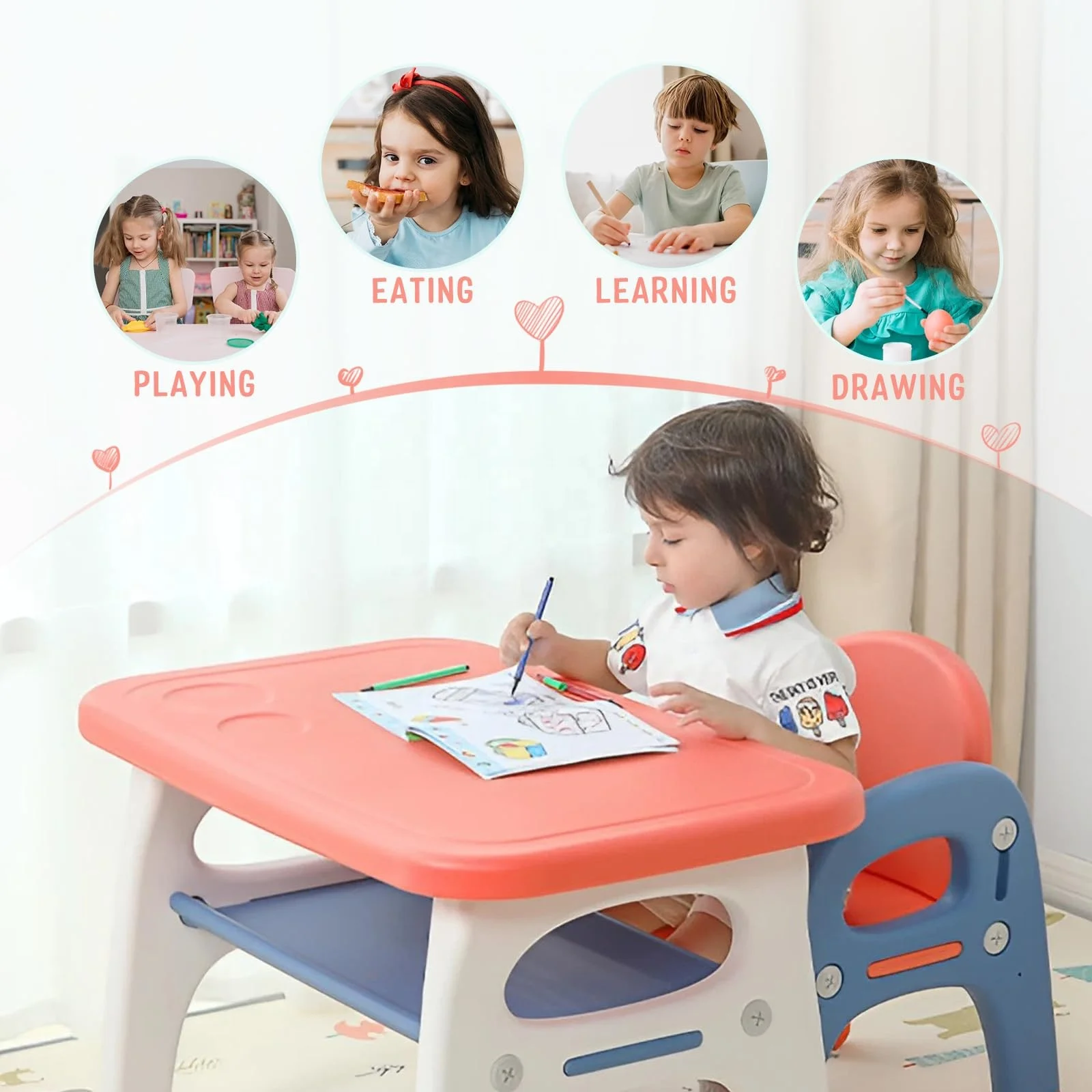 Multi-purpose plastic activity reading playing educational kids dining reading learning desk table and chair set with storage
