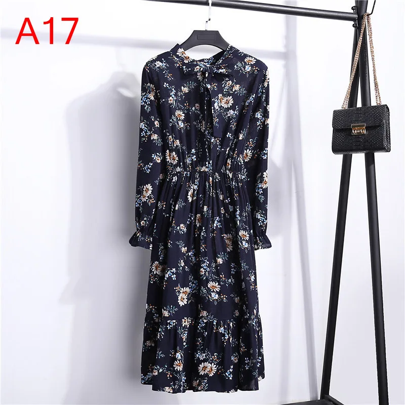 S-3XL 31 colors Spring Summer Custom Logo Long Sleeve Floral Printed Polka Female Midi Casual Chiffon Dresses for Women
