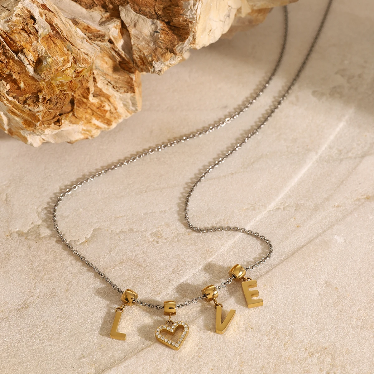 J&D Minimalist 14K Gold Plated Stainless Steel LOVE Pendant Sliding CZ Necklaces For Women 50cm