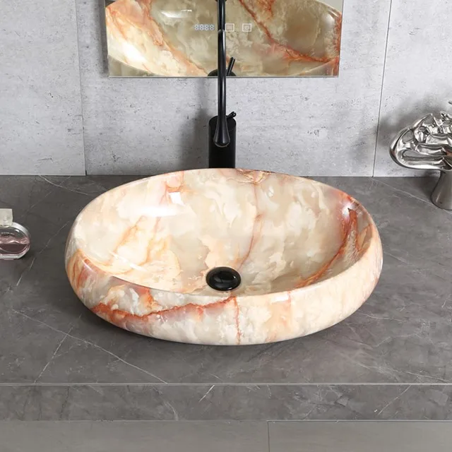 Sanitary ware oval marble stone pattern art basin  no hole multi color easy clean art vanity wash bath sink ceramic art sink