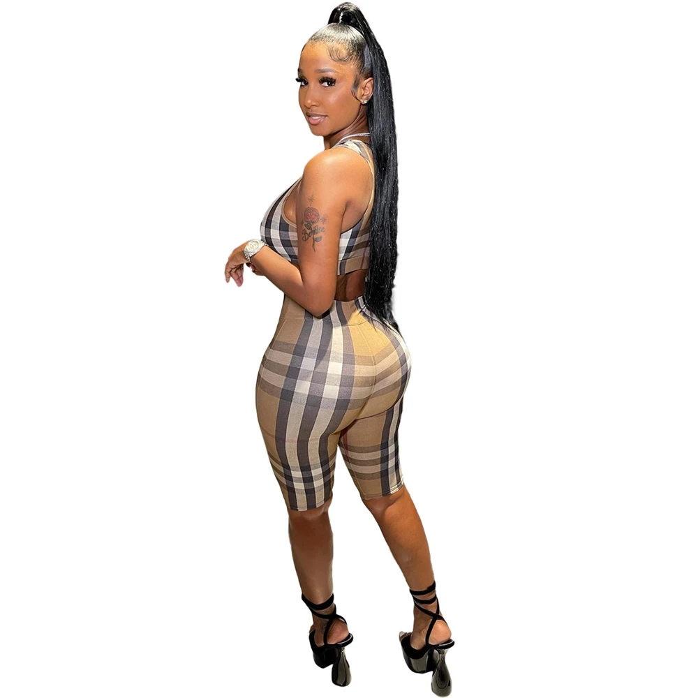 EB-2022052536   Summer plaid two piece outfit sexy women sweatsuit set tracksuit crop top tank top biker shorts sets