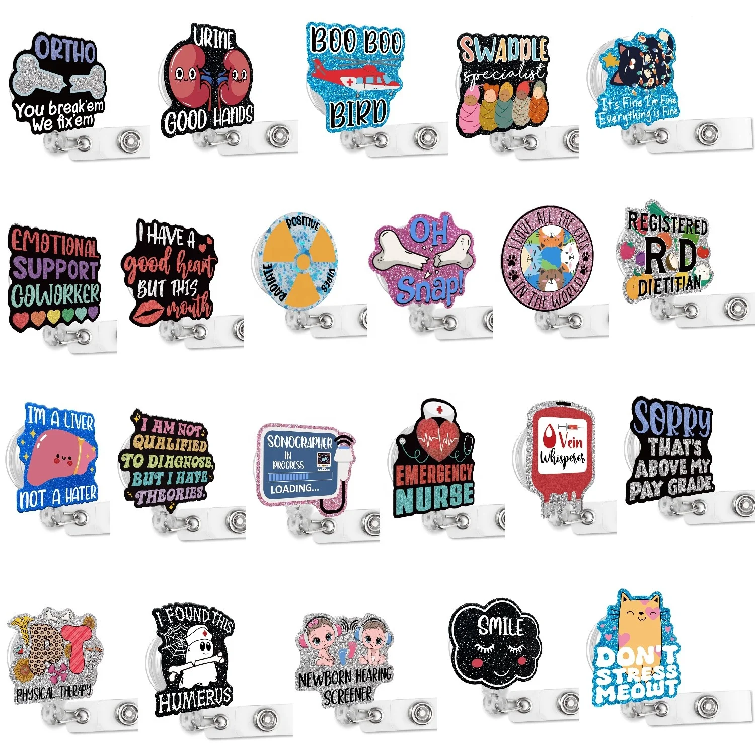 New Designs Fun Mental Health Nurse Acrylic Retractable Badge Reels Holder ID Name Card Holder Nurse Accessories Badge Reel