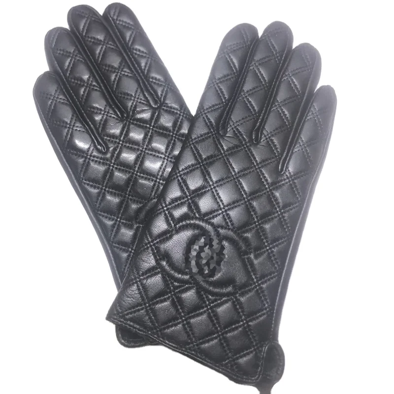 Ladies leather gloves winter outdoor riding warm sheepskin touch screen embroidery brand touch screen gloves wholesale
