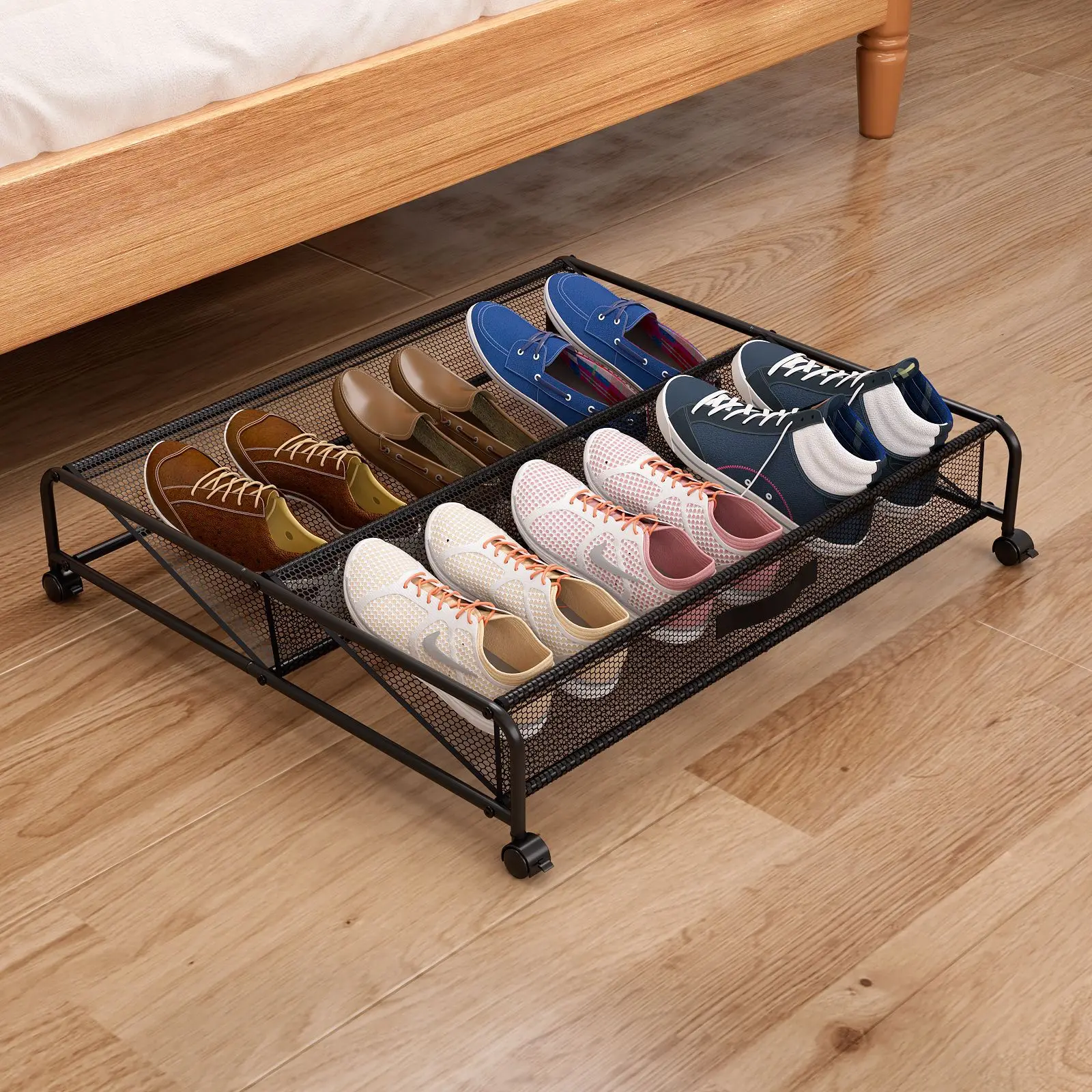 Under Bed Shoe Storage with Wheels Organizer Sturdy Metal Frame & Breathable Mesh Rolling Storage Container Under the Bed Sofa