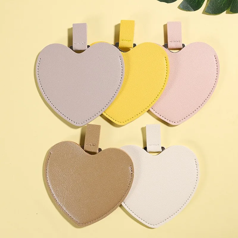 Cute Heart Shape Stainless Steel Leather Mirror For Women Girls Student Gift Portable Pocket Round Mirror