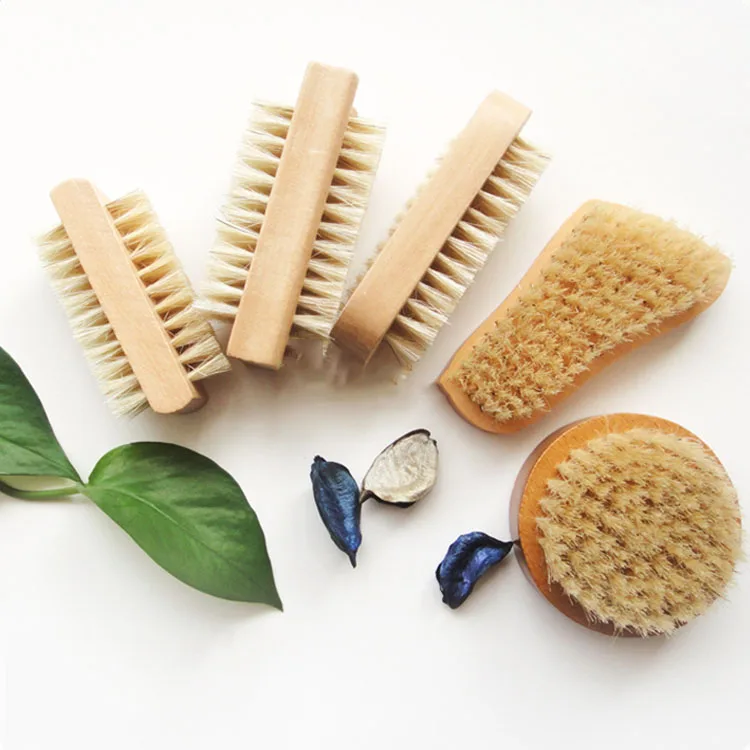 Custom Logo Pedicure Tools Foot Toes Nail Brush Round Double Sided Wood Nail Brush Pure Pig Hair Wooden Boar Bristle Nail Brush