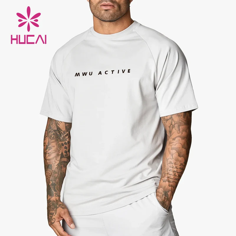 HUCAI Custom 95% cotton spandex Crew neck short raglan sleeve Relaxed fit training gym t shirt for men