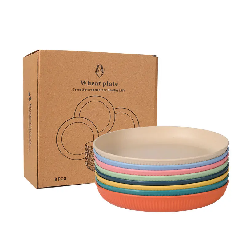 8 Alternative Color 9inch Microwave and Dishwasher Safe Wheat Straw Plate Deep Dinner Plates Set for Kitchen