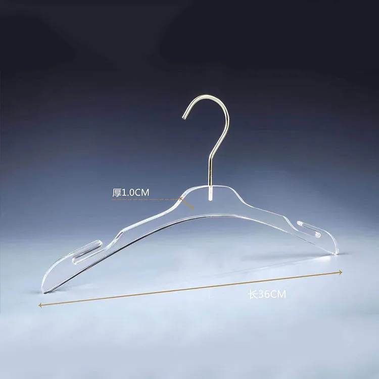 Clear Acrylic Clothes Hanger with Gold Hook Transparent Shirts Dress Hanger with Notches for Lady Kids