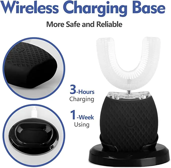 360 Sonic Automatic Electric Wireless Charging Food Grade Silicone U Shaped Toothbrush Adult With LED Light