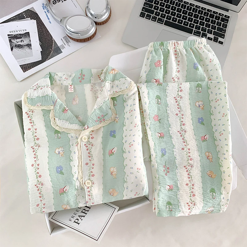 Women Pajamas Set Soft and Comfortable Cartoon Pajamas Two Pieces Button-Down Sleepwear Set With Chest Padded