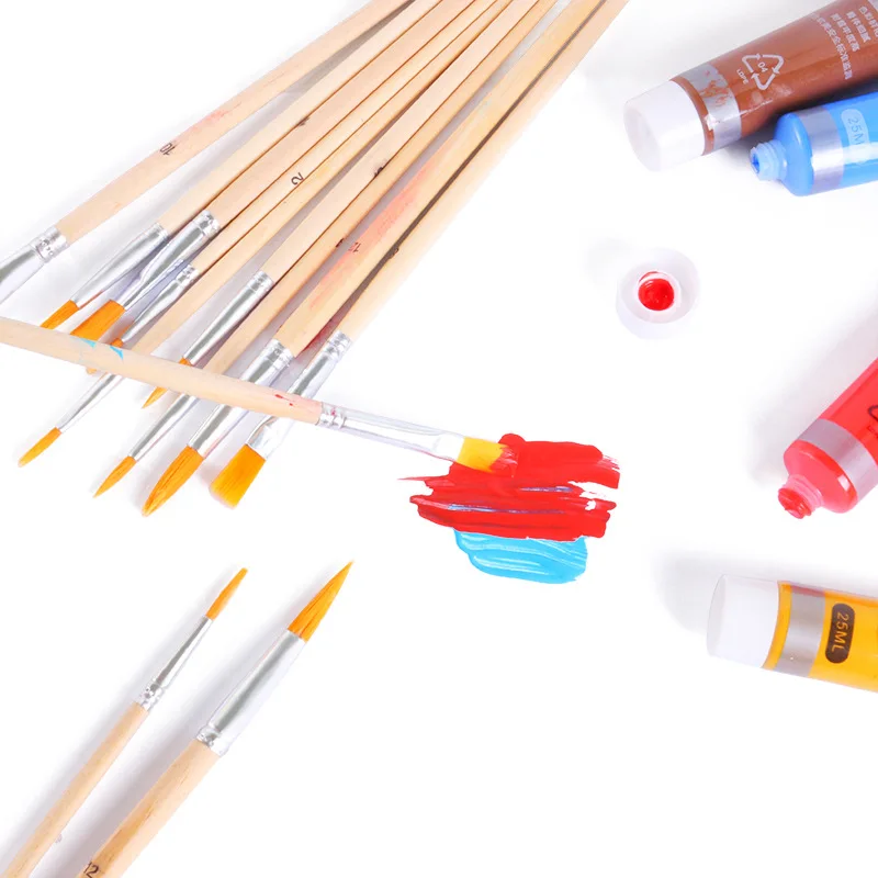 Factory Supply Paint Brush Set With Wooden Palette 12pcs of High Quality Brushes Use with Acrylic Oil and Watercolour Painting