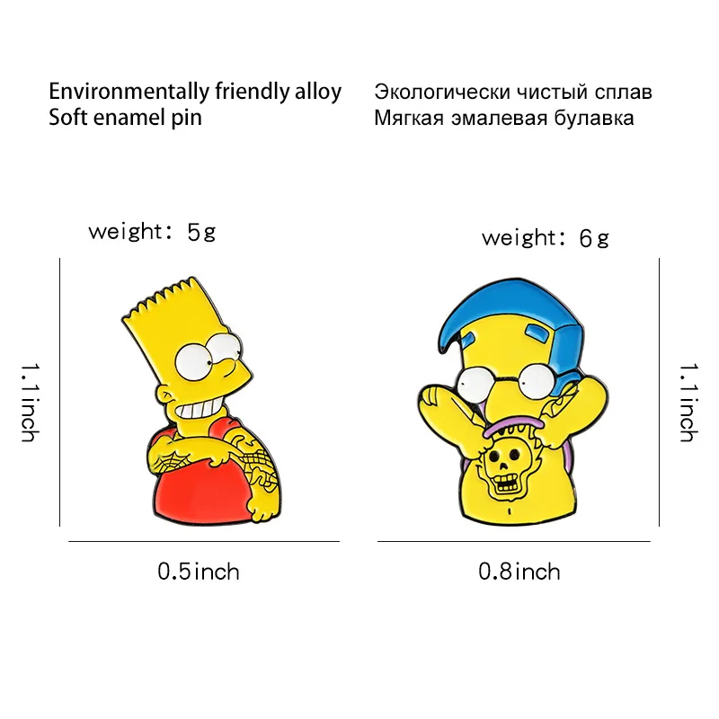 Cute Anime Alloy Enamel Tattoo Skeleton Bart Brooch Pin for Fans Gift