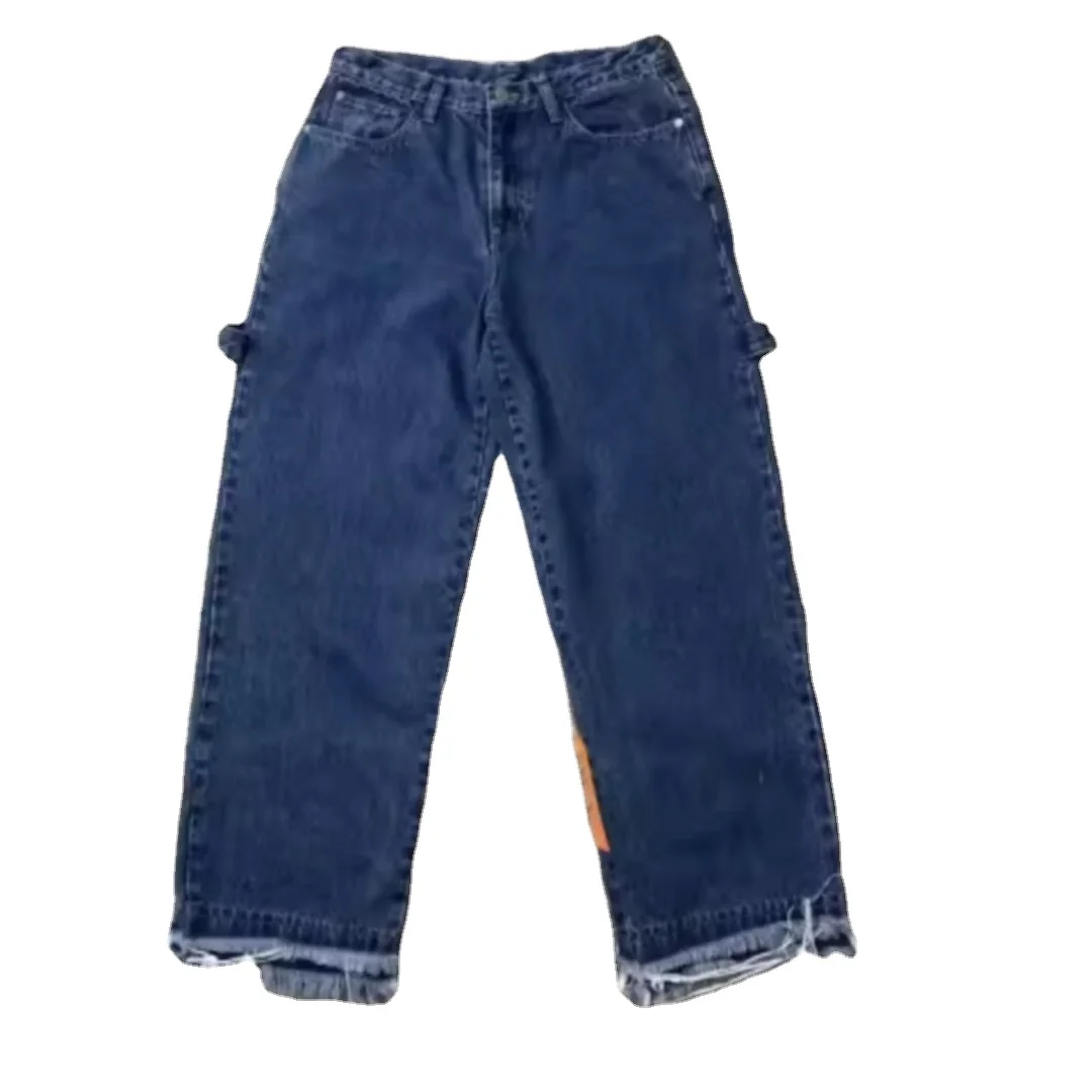 DENIMGUYS Custom Leather Applique Men Y2k Vintage High Street Raw Hem Denim Casual Versatile Loose Wide-Leg Blue Jeans