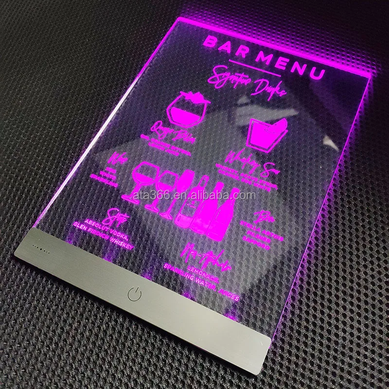 10 Custom LED Type C Recharged battery LED Music Acrylic Restaurant Menu LED Bar Menu with Gift box Neon Restaurant Menu Display