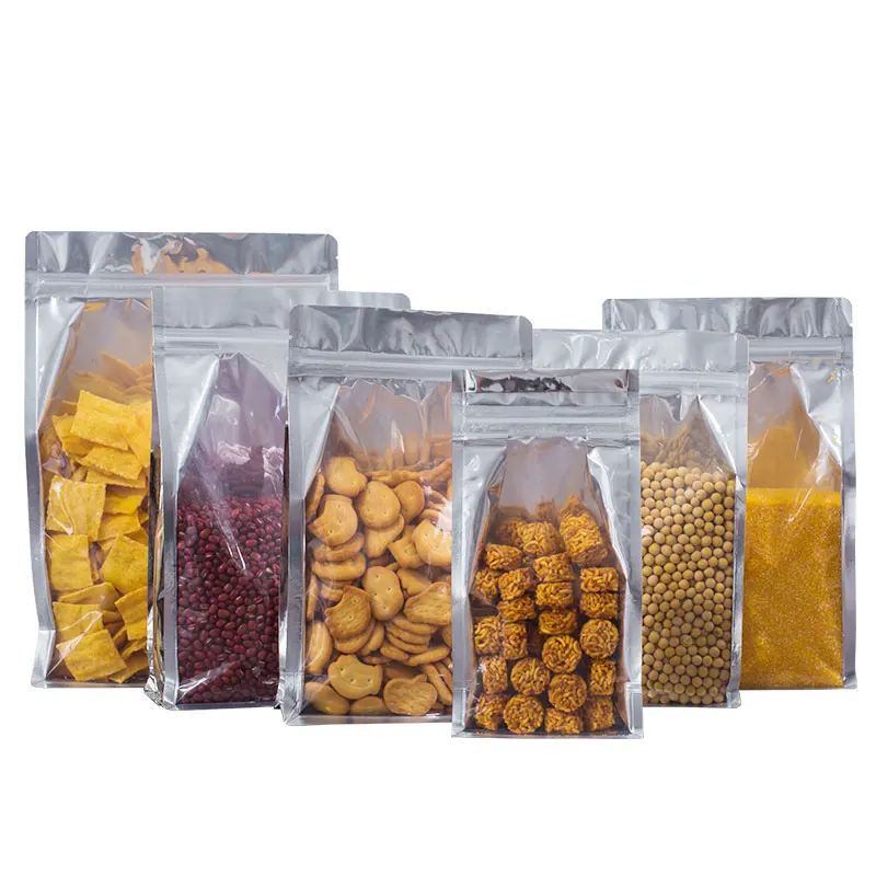Vista/Silver Mylar Foil Stand Up Flat Bottom Food Pouch With Zip Seal And Tear Notch
