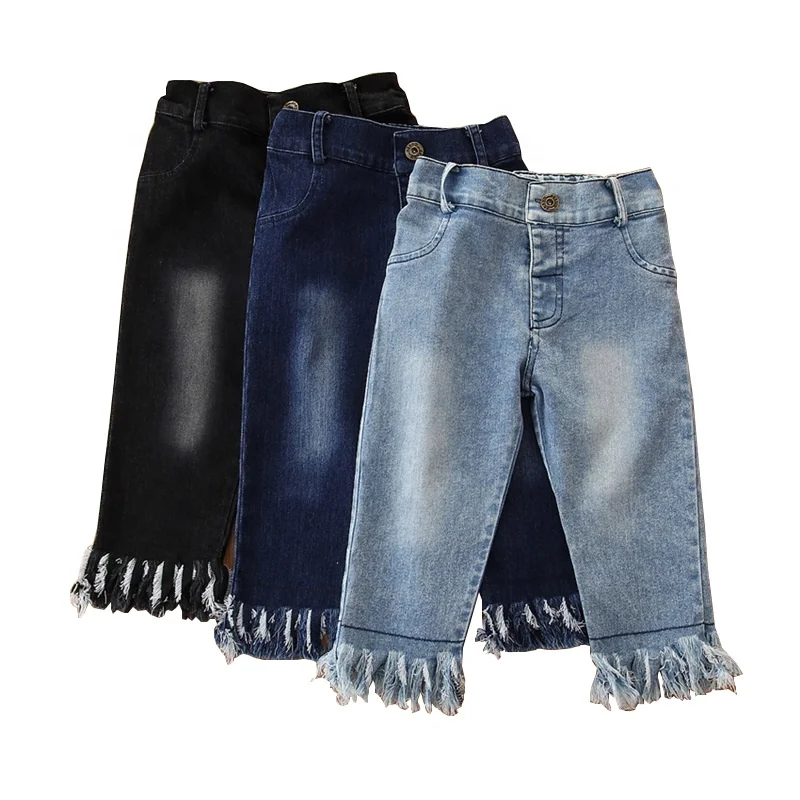 Fashion Spring Autumn Children Jeans Fringe Trousers Elastic Waist Baby Girls Washed Denim Straight Pants