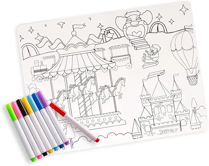 Eco-Friendly Washable and Reusable Custom Silicone Drawing Coloring Doodle Placemat with 8 Markers For Kids Toddlers