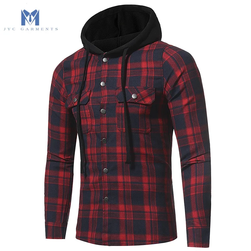 
2020 new style flannel big check double pocket long sleeve hooded flannel shirt 