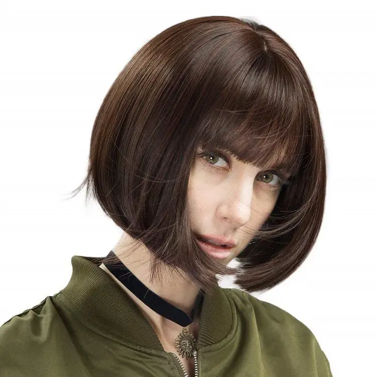 Fashion Style Bobo Head Mid-length Straight Hair with Bangs Fully Machined Women Wigs Synthetic Headgear