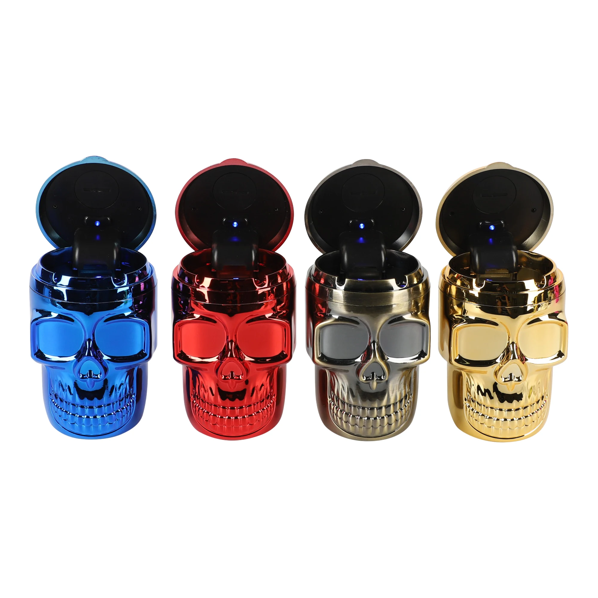 UKETA customized display box car ashtray smellproof windproof skull shape ABS plastic car ashtray with Led light