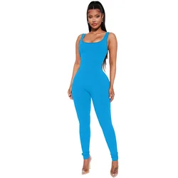 Woman casual long pant jumpsuit sleeveless sports ribbed jumpsuit fashion one piece jumpsuits 2023