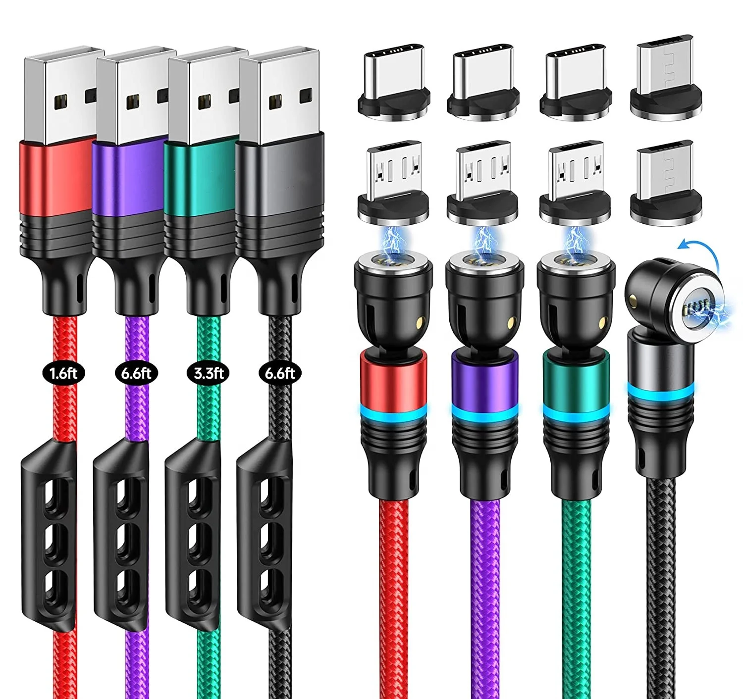 540 Degree Rotating Magnetic Charging USB Cable 3in1 Magnetic Mobile Phone Charger Led Magnetic Charging Cable for All Phones