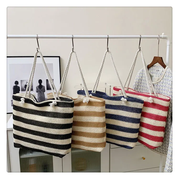 custom hot selling high quality and cheap khaki stripe shopping travel  PP grass paper woven cotton rope portable tote beach bag