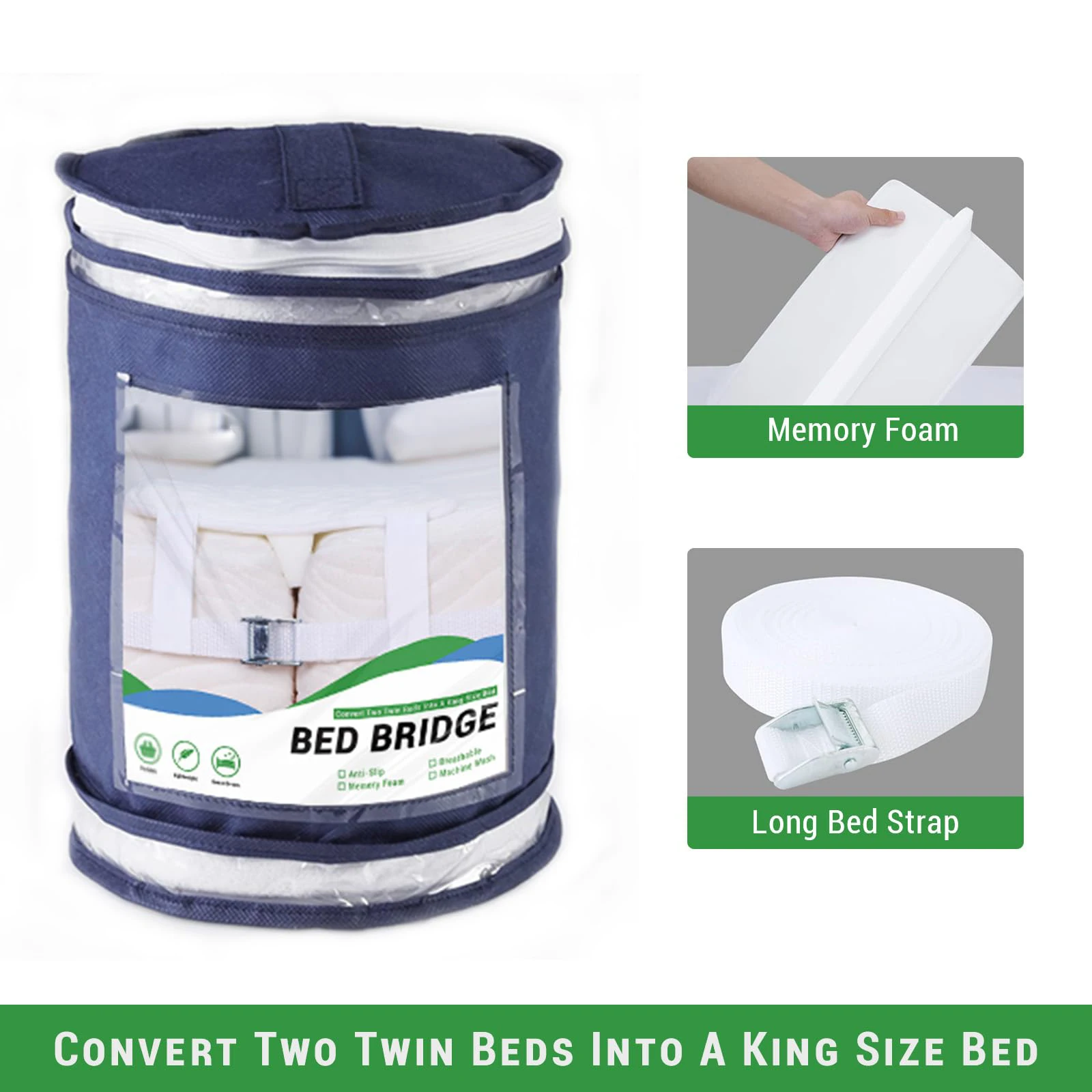 Extra Twin/King Bed Converter Kit Waterproof Foam Mattress Foldable Bed Bridge Split Adjustable Twin/King Bed Connector Bed