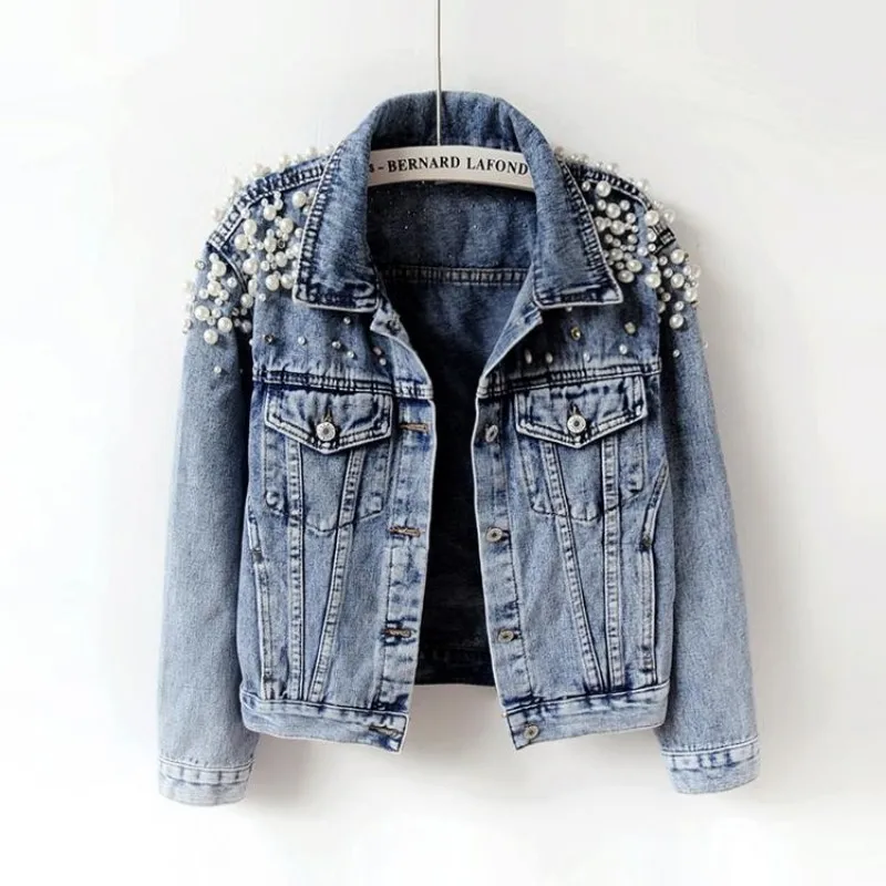 
Spring women basic coats pearls beading plus size denim casual jacket 