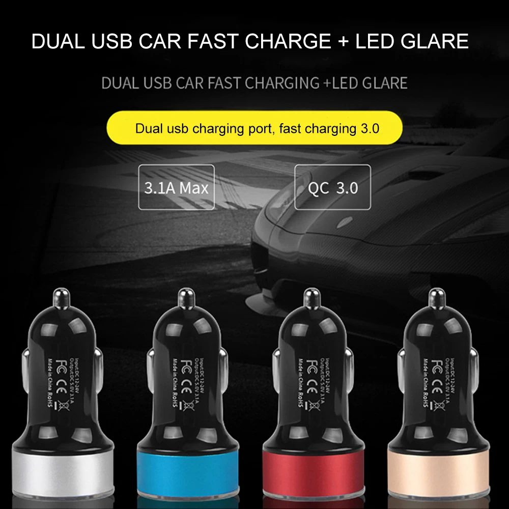 USB Car Charger 12-24V LED Digital Car Adapter Socket Quick Car Phone Charger With LED Lamp For IPhone Xiaomi 3.1A QC3.0