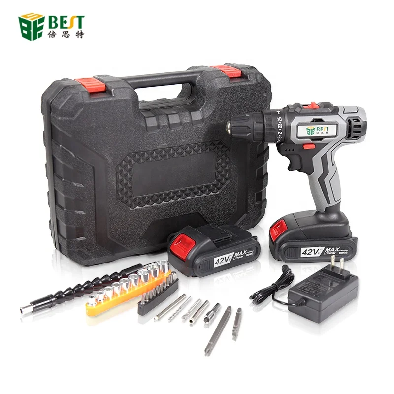 Dropshipping EU Plug  BST-42VF 21V Cordless Electric Flat drill& start screw Power Drill Driver with 2pcs Rechargeable Battery